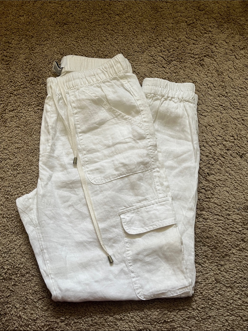 White Linen Cargo Jogger Pants - Drawstring Waist